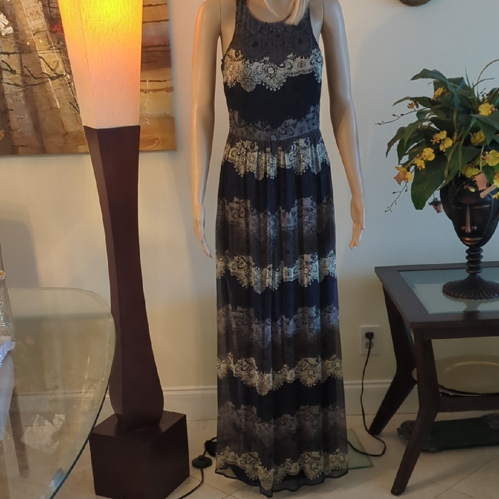 Ella Moss Navy and Cream Lace-Pattern Maxi Dress